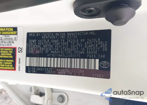 2020 Toyota Camry Se z USA, uszkodzony, nr VIN 4T1G11AK5LU350475